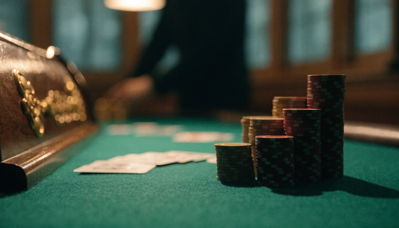 Ylellinen baccarat-pöytä kasinohuoneessa, pelimerkit ja kortit näkyvillä