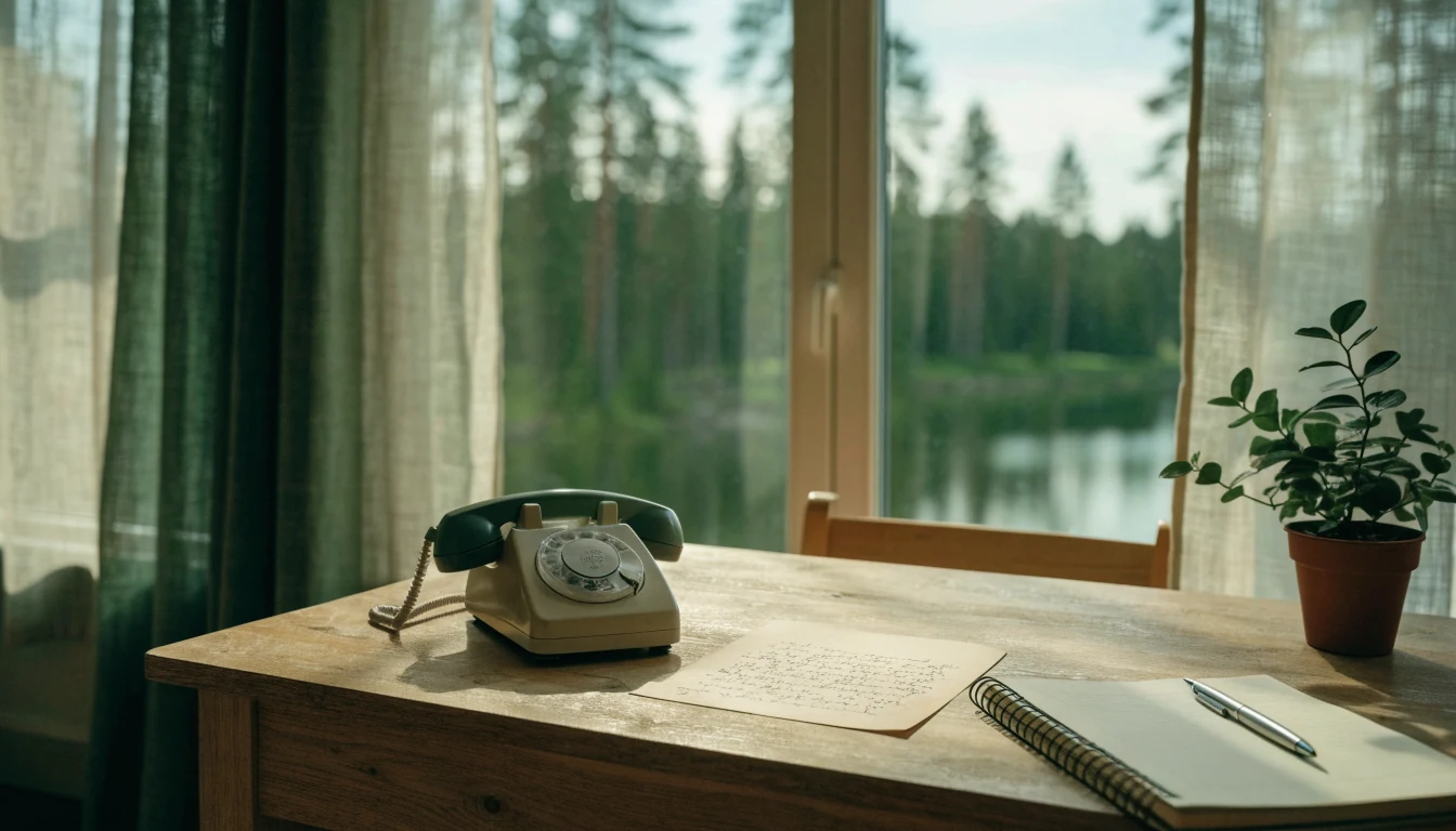 Suomalainen työpöytä puhelimella ja paperilla ikkunan ääressä