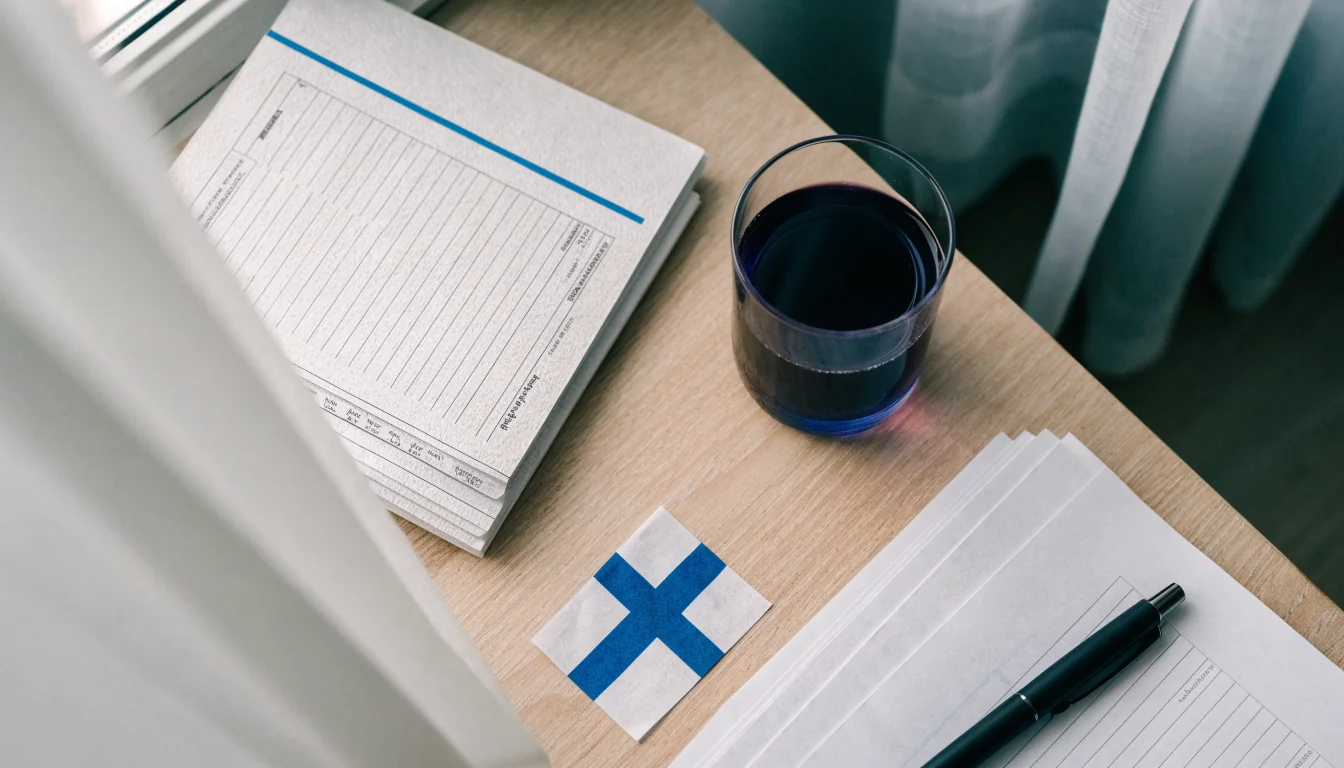 Suomalaiset lakiasiakirjat puisella työpöydällä