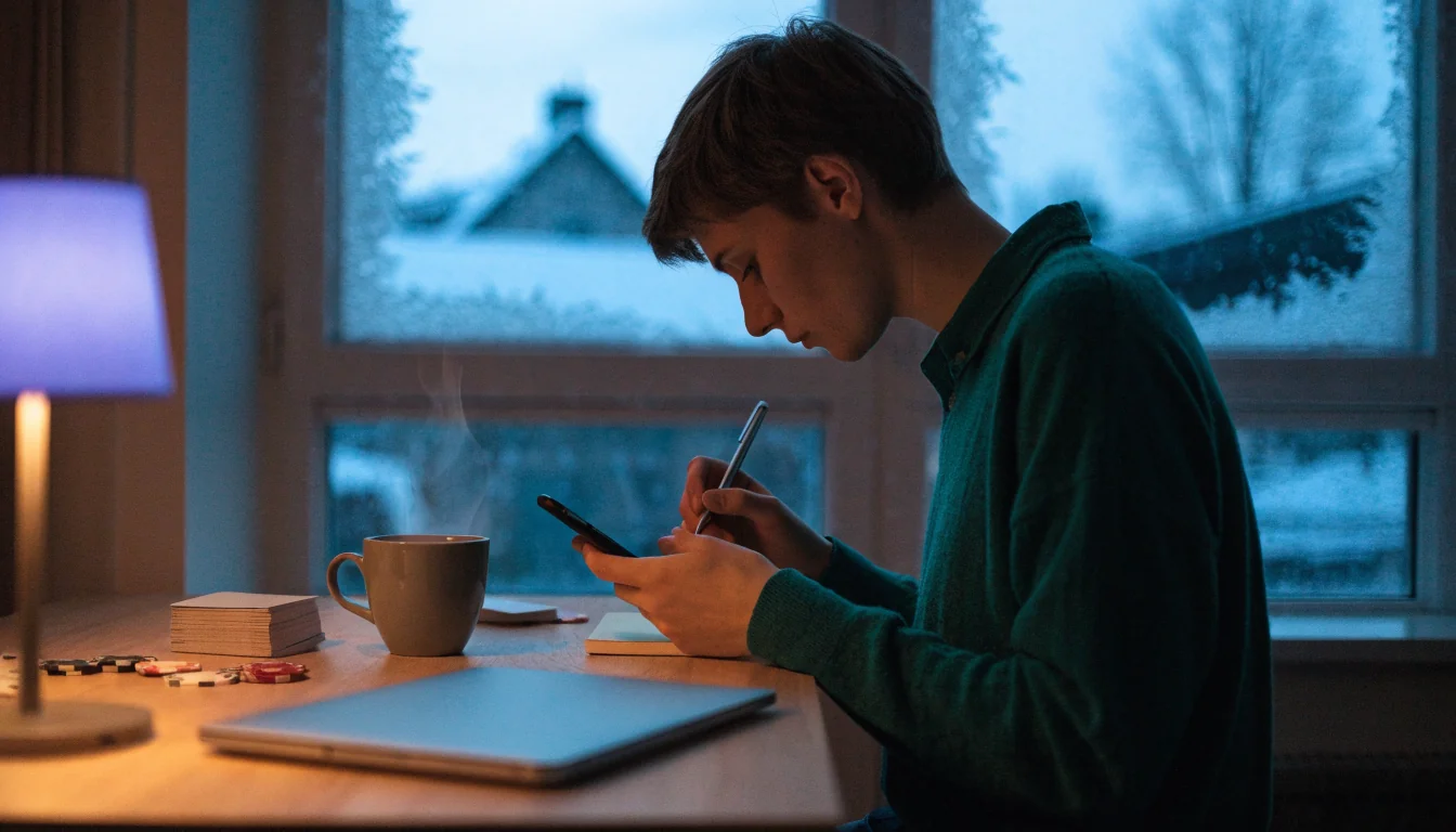 Suomalainen harkitsee nettikasinon valintaa illanvalossa kodikkaassa työpisteessä